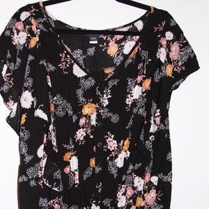 Torrid Black Floral Blouse with Flutter Sleeves